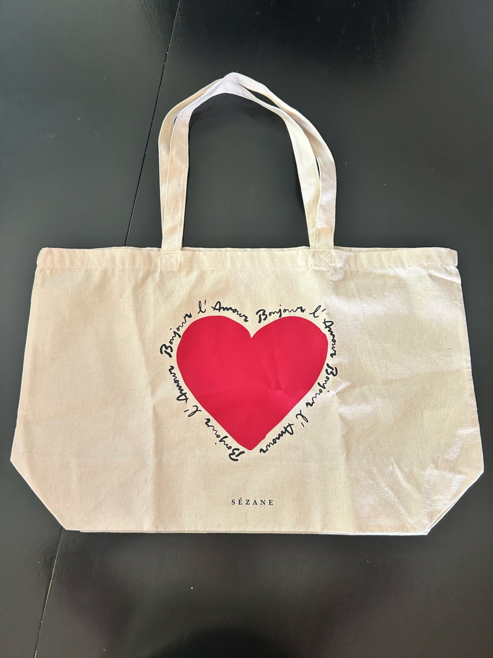 Sezane Cream Canvas Tote with Red Heart